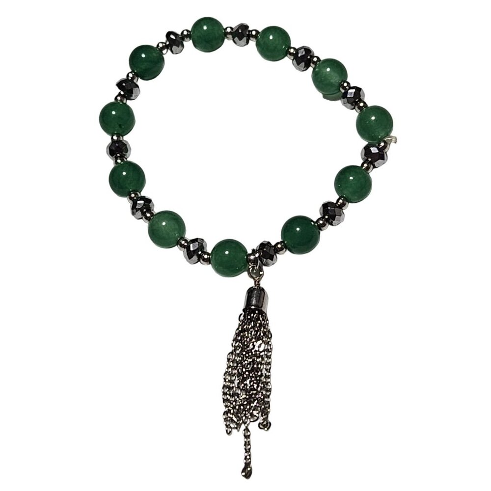 Elegant Green Beaded Bracelet Silver Tone Tassel Fashion Jewelry Women